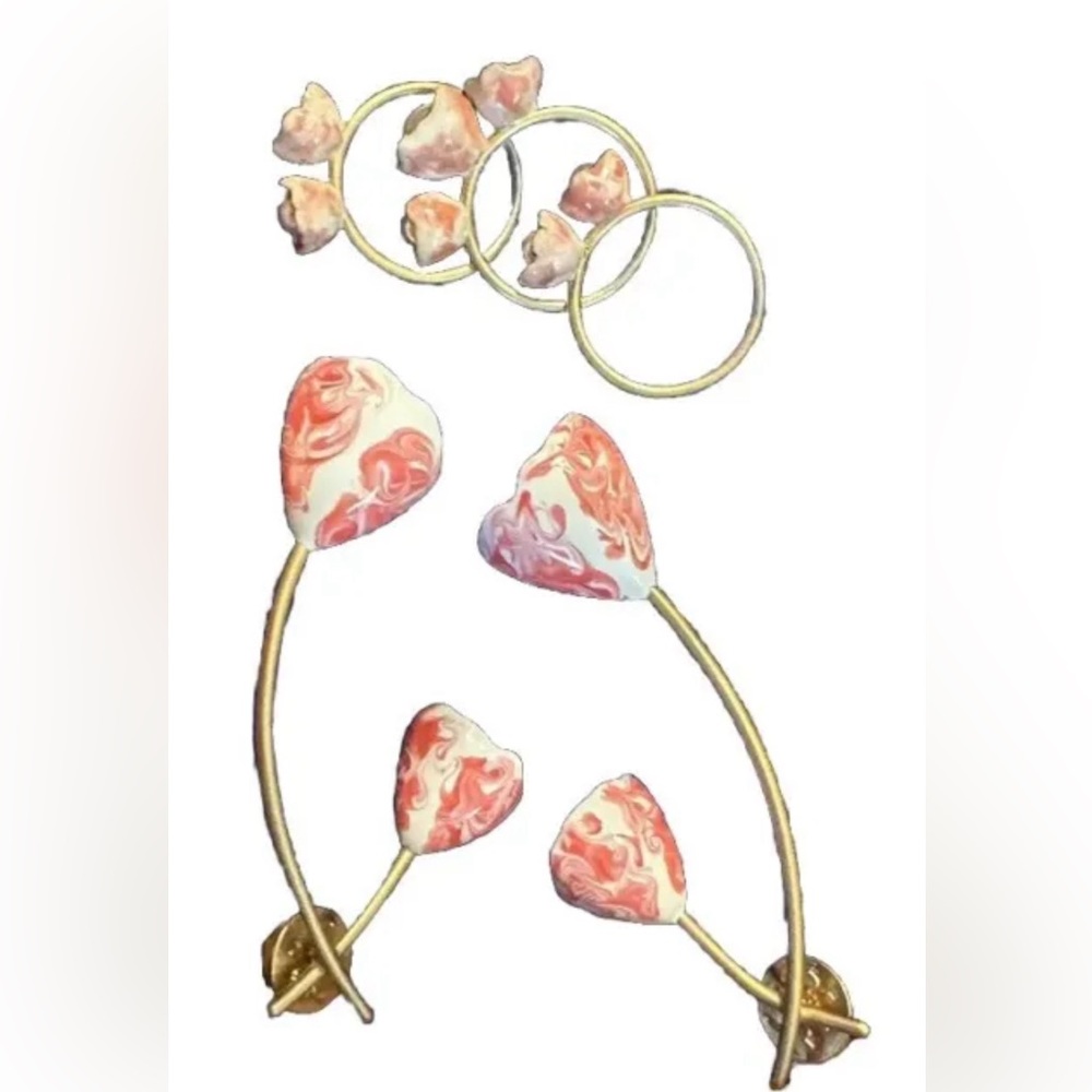 Tory Burch Pearl Flower Bud Pink & White Ceramic Gold Earrings & Ring Sz 7 Set